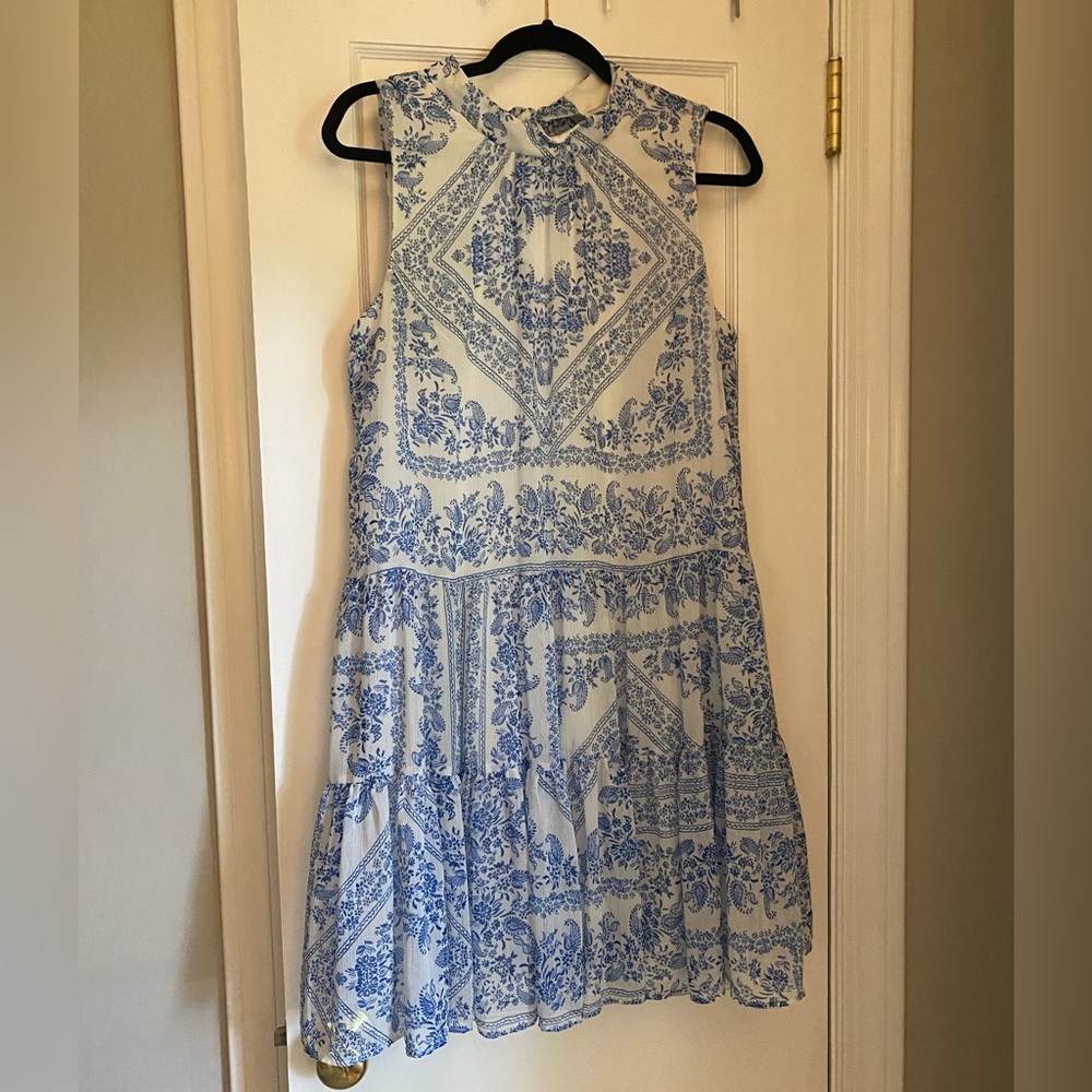 Calvin Klein Sleeveless Halter Neck Blue and White Dress